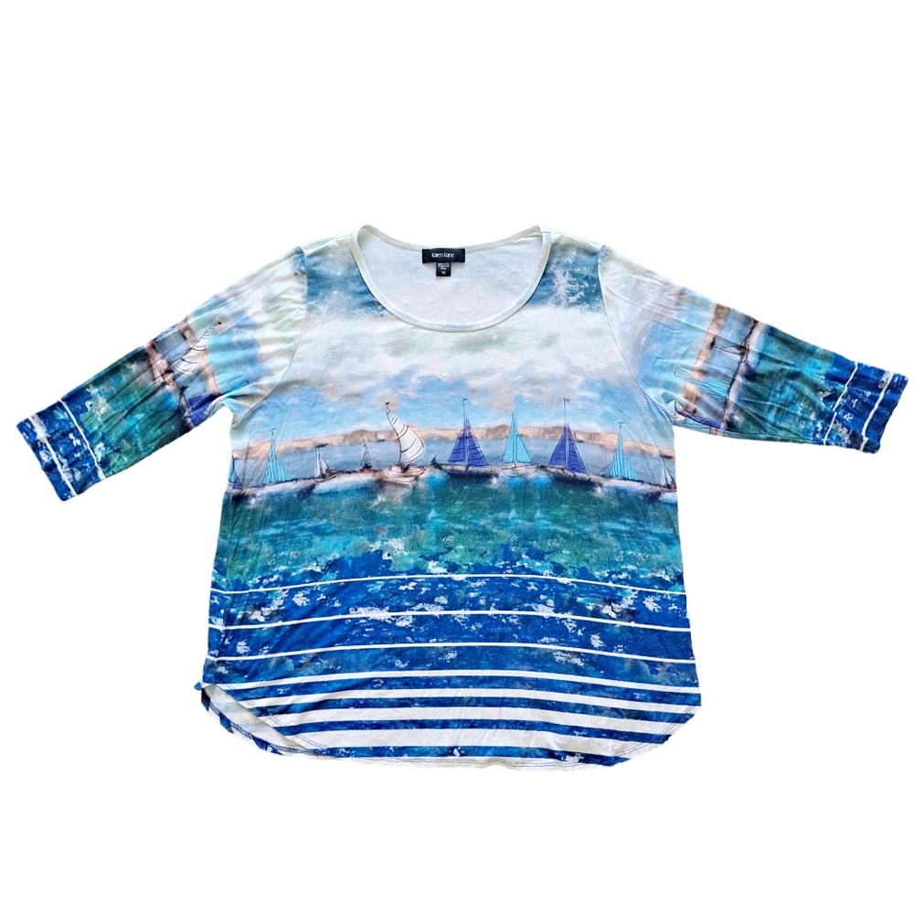 SOLD Karen Kane abstract art to wear boats on ocean stretchy blouse top size 1X - Picture 11 of 15